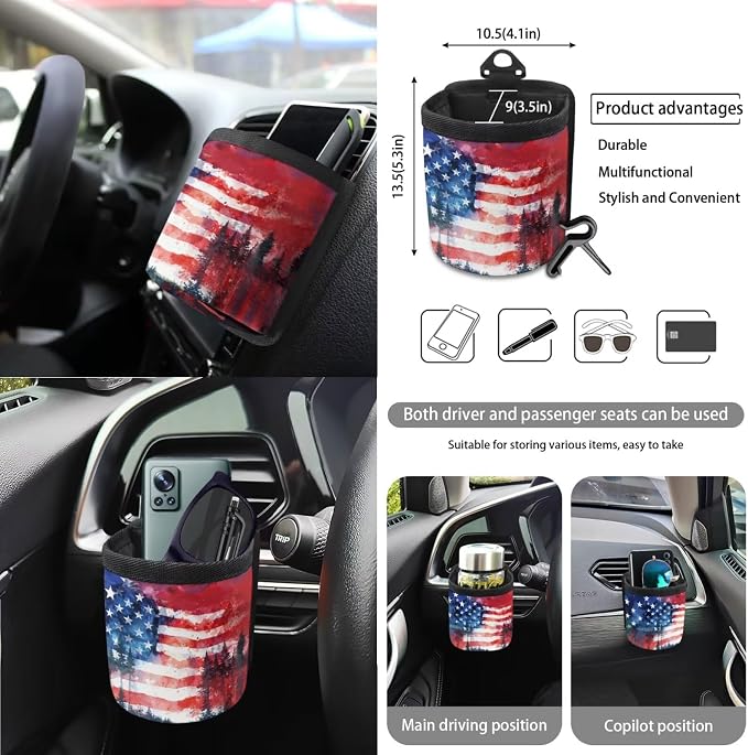 Car Seat Covers 15Pcs Full Set Car Steering Wheel Cover Seat Belt Cover Trash Bin Air Vent Storage Box Rear View Mirror Car Cup Holder Keychain, Vintage American Patriotic Flag