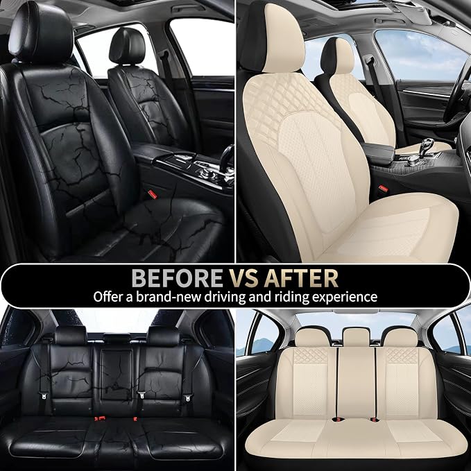 FLORICH Front Seat Covers Leather & Mesh Automotive Seat Protectors 2 Pack Breathable Car Seat Cover Spill-Proof Auto Seat Covers Cushion Universal Fit for Most Car SUV Sedan Truck, Beige