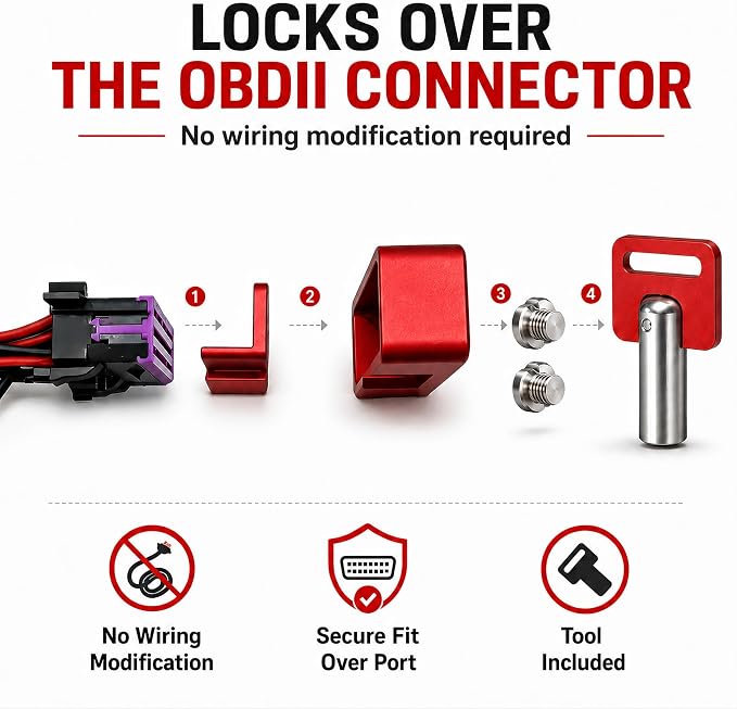 OBD2 Lock Anti Theft Device, Upgraded Diagnostic Connector Protector with Security Screws, Solid 6061 Aluminum Body, Includes Tool & Instructions, Helps Prevent Key Cloning & ECU Access