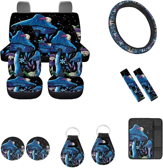 Galaxy Mushroom Car Seat Covers Tripped Mushroom Snail Seat Cover for Front &Rear,with Hippie Mushroom Coasters,2 Pcs Seatbelt Pad,15 Inch Steering Wheel Covers,Keychains Fit Most Vehicles
