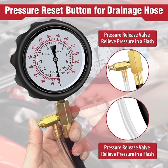BETOOLL 0-140PSI Fuel Pressure Tester Kit, Fuel Injector Injection Pump Pressure Gauge Kit for Gasoline Cars, Trucks and Motorcycles
