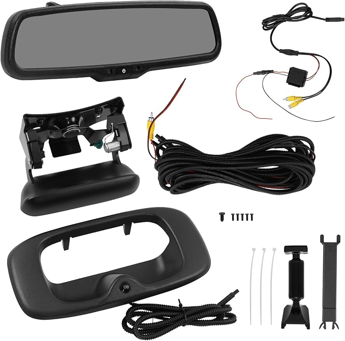 Gledewen Backup Camera Tailgate Handle & 4.3 inch LCD Rear View Mirror Monitor, Upgraded Metal Tailgate Latch, Compatible with 1999-2006 Chevy Silverado/GMC Sierra 1500 2500 3500, Replace 15997911