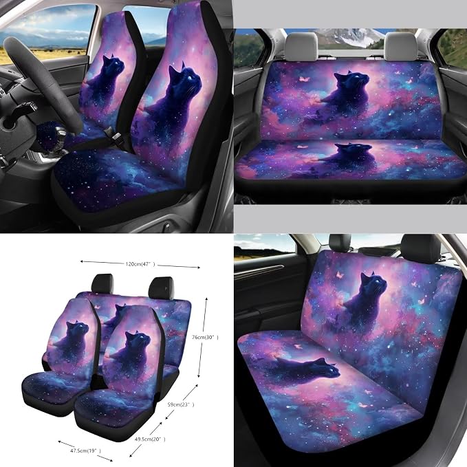 Star Cat Print Car Interior Cover Full Set of 15 for Women High Back Bucket Seat Covers for Car Front and Rear Seats with Accessories for Truck Sedan SUV, Easy to Install