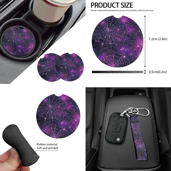 Halloween Galaxy Spider Web Car Seat Covers Set for Front Rear Seats,14Pcs Halloween Theme Car Steering Wheel Cover,Seatbelt,Keychain,Car Interior Mirror Covers,Vehicle Coaster,Univesal Fit