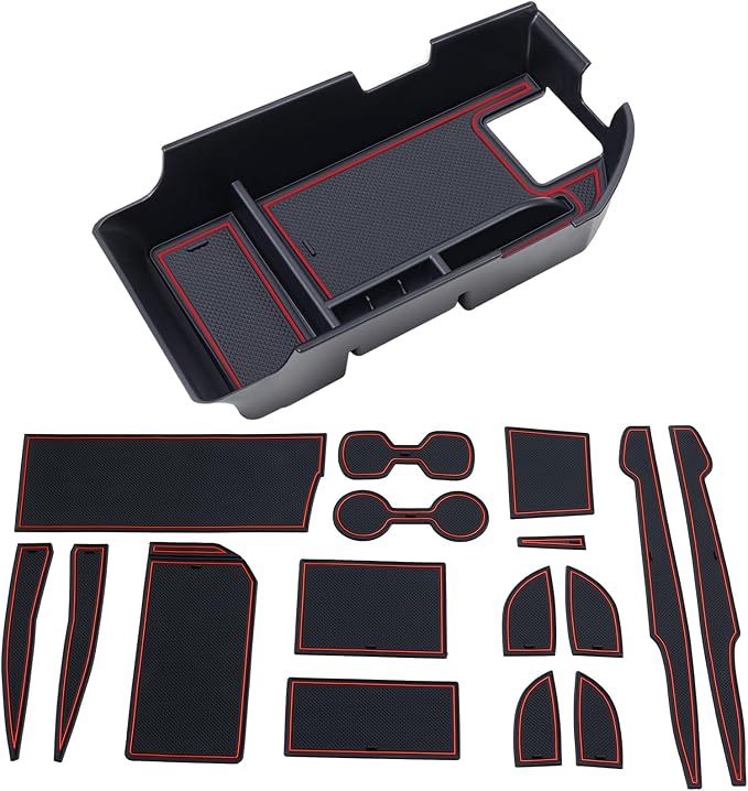 TOPINSTALL Red Center Console Tray and Rubber Liners Compatible with 2018-2024 Camry Accessories, Interior Armrest Storage Console Organizer Non-Slip Cup Holder Door Pocket Rubber Mats
