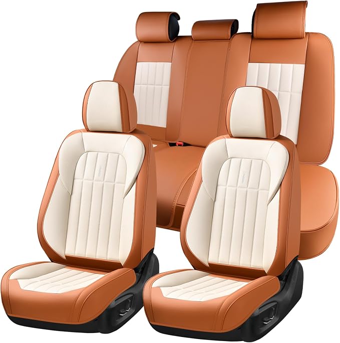FLORICH Car Seat Covers Full Set, Leather Seat Covers for Cars, Waterproof Car Seat Protectors 5 Seats, Front and Rear Seat Covers for Cars, Automotive Seat Protector Fit for Most Car SUV - BrownBeige