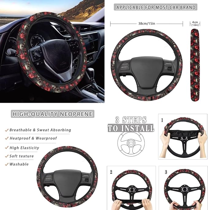 Red Rose Skulls Car Seat Covers Full Set, Car Steering Wheel Cover Protector, Auto Center Console Pad, Auto Seat Belt Pads, 8 Pcs Automotive Interior Accessories