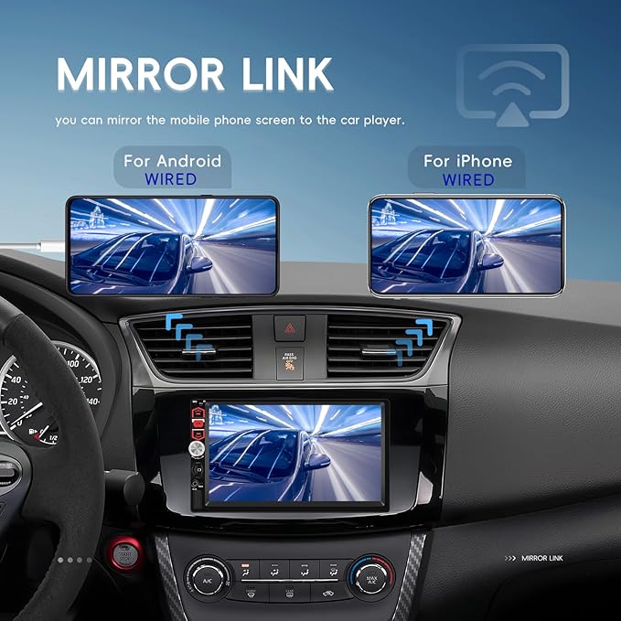7 inch Touch Screen Double Din Car Stereo with Wired Mirror Link Bluetooth FM EQ Steering Wheel Control 7 Color Light