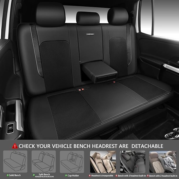 CAR PASS Faux Leather High Back Rear Seat Covers Only, Sporty Waterproof Anti-Slip Airbag Compatible Universal Fit for Most Sedans Trucks Vans SUVs, Rear Black