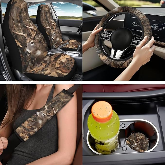 Bulopur Deer Hunting Camo Automotive Seat Covers Full Set with Matching Steering Wheel Cover Console Armrest Cushion Vehicle Seat Belt Pads Headrest Covers Car Interior Decor Set 14 Piece