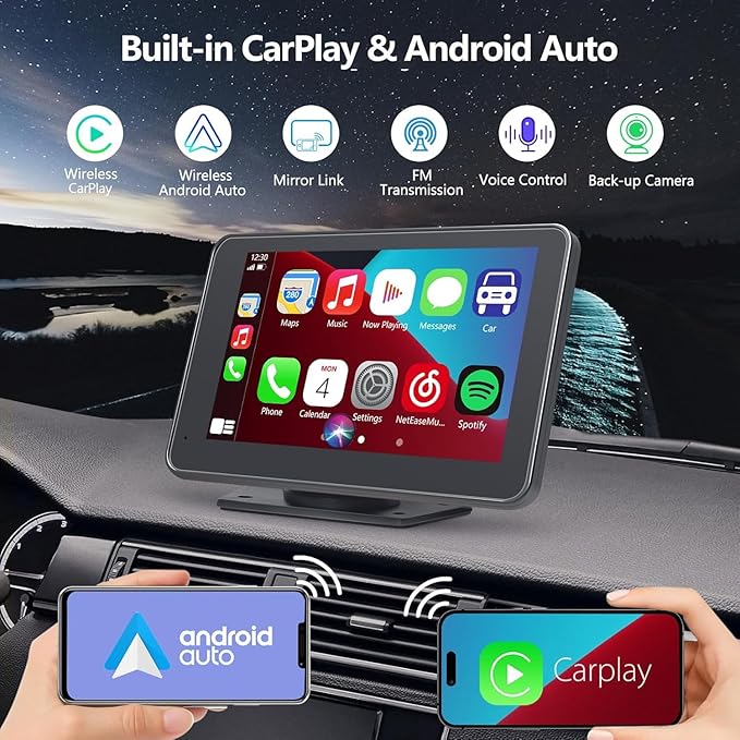 Carplay Screen for Car with Apple CarPlay/Android Auto, 7" Wireless Car Stereo, Portable Touchscreen Car Radio with Bluetooth, Backup Camera, GPS Navigation, Mirror Link,Multimedia Player All Vehicles