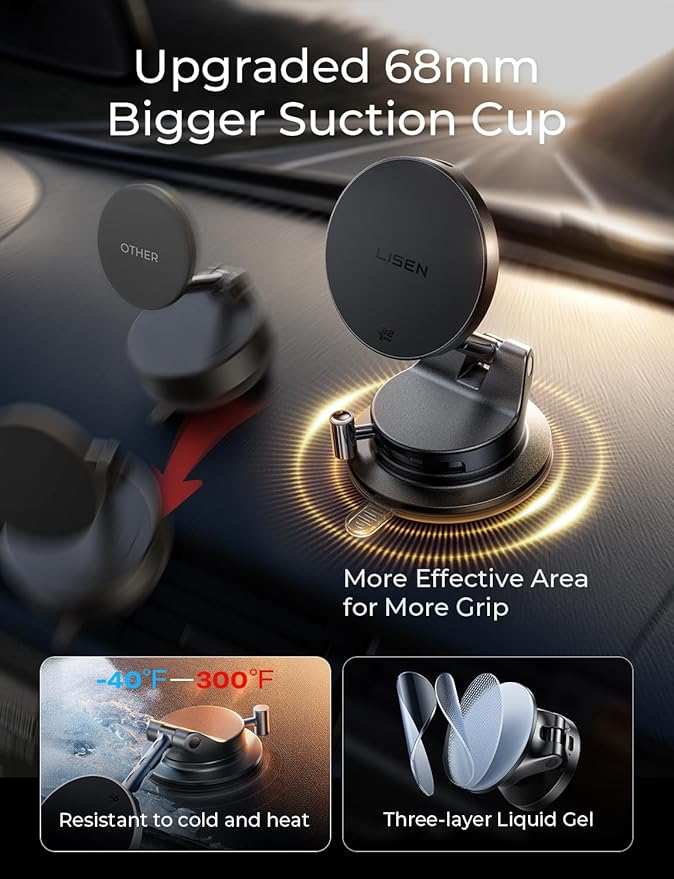 LISEN Qi2.2 25W MagSafe Car Mount Charger, Magnetic Wireless Car Charger with 54W Adapter, Magnetic Phone Holder for Car, iPhone Car Mount, Vacuum Suction Cup Phone Mount for iPhone 17 16 15 14 13 12 | [Qi2.2 25W Fast Charging] Magsafe Car Mount, [Easy...