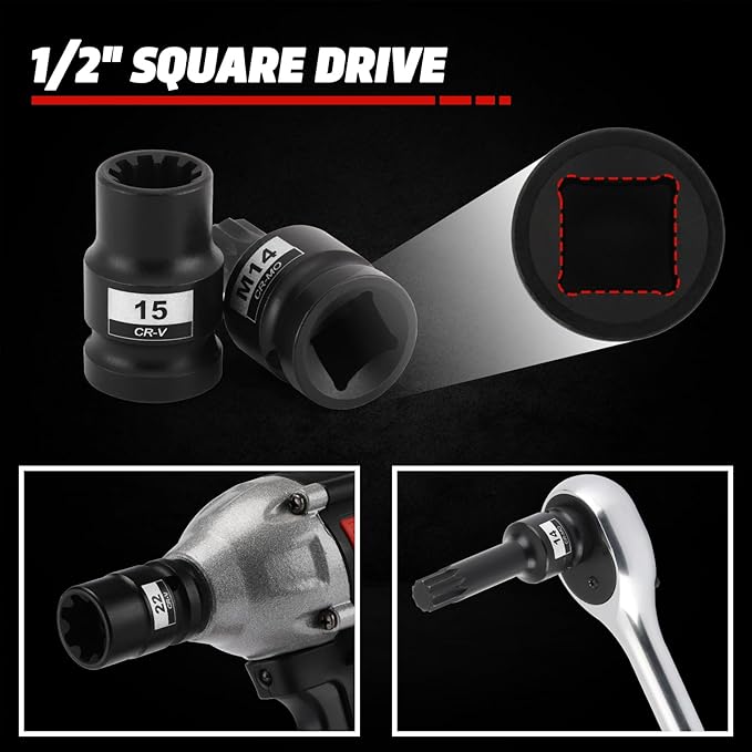 AIRTOON 16-Piece Impact Brake Caliper Socket Set, 1/2" Square Drive Brake Caliper Tool Compatible with Audi Porsche VW BMW Ford, With Storage Case