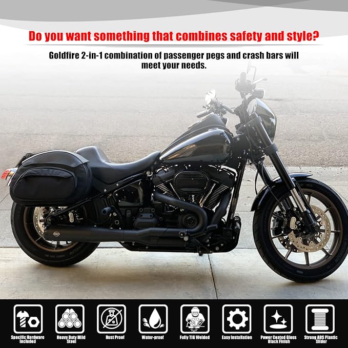 Goldfire Rear Passenger Foot Pegs Crash Bar Frame Slider Motorcycle Highway Pegs Bumper Protector Engine Guard Fits For Harley Softail Street Bob Low Rider Heritage Classic 2018-2023