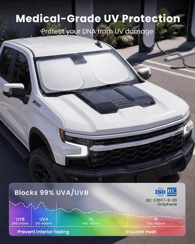 REEVAA 2026 3rd Pro Windshield Sunshade for 2019-2026 Chevrolet Silverado 1500 | Dual-Layer Heat & Sun Defense, OEM Design | Foldable Sun Shade Car Accessories with Storage Bag