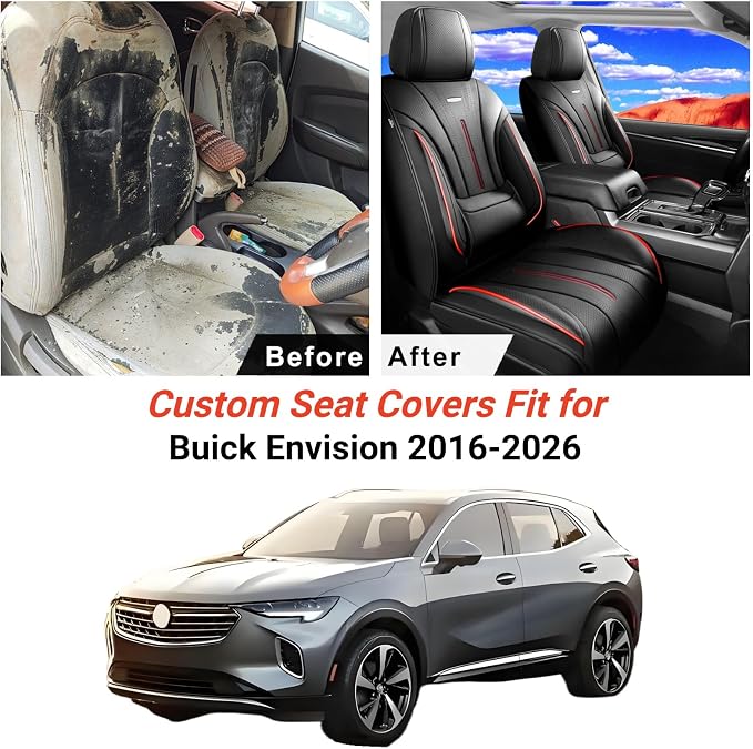 Fit Envision Car Seat Covers (Front Pair) for Select Buick Envision 2016-2026 - Premium Full Coverage Leather, Airbag Compatible, Waterproof & All Weather Seat Cushion Protector, Red Trim