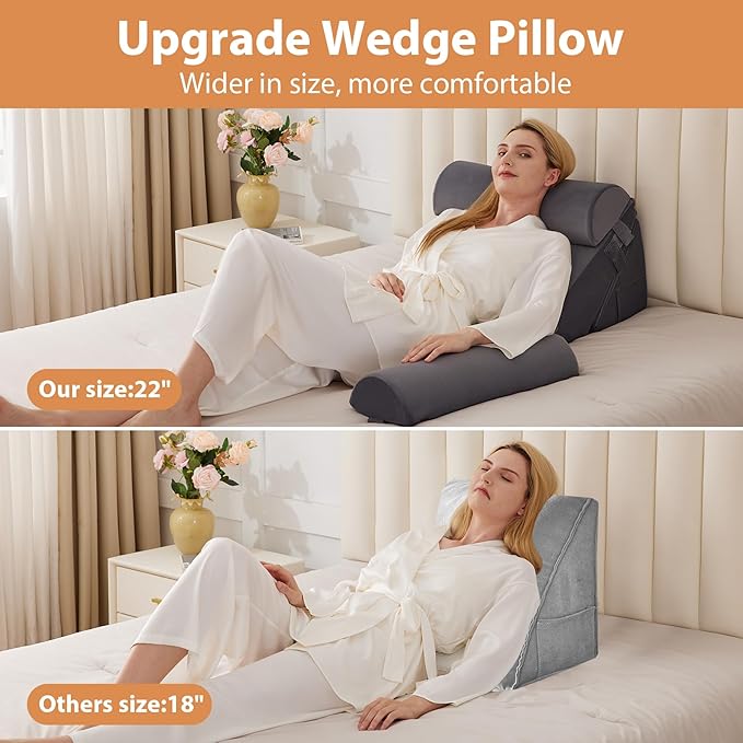 BIEEZZK 4PCS Wedge Pillow Set for After Surgery, Back Pillow for Bed Sitting up, 9&12inch Adjustable Memory Foam Bed Wedges, Pillow Wedge for Acid Reflux, Back Pain Relief, Snoring, Plush Grey