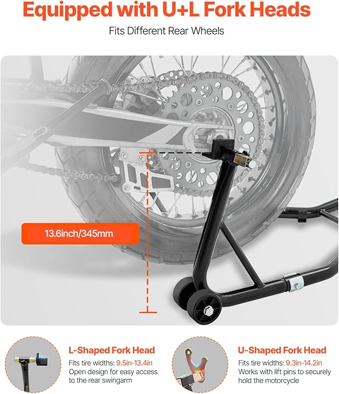 VEVOR Motorcycle Rear Wheel Stand, 850lbs/390kg Load Capacity Lift with U + L Fork Swingarm Spool, Heavy Duty Rear Wheel Stand Motorcycle Lift Jack Stand, for Suzuki Yamaha Honda Kawasaki, Black