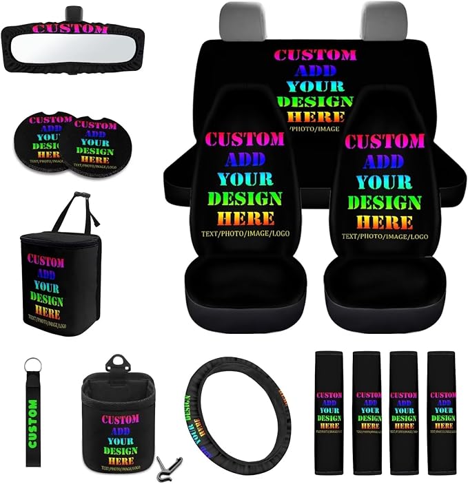 Wanyint Custom Car Seat Cover Set 15 PCS, Personalized Add Your Photo Seat Protector Steering Wheel Seat Belt Rear View Mirror Cover Trash Can Coaster Keychain Air Vent Bag Auto Decor Accessories