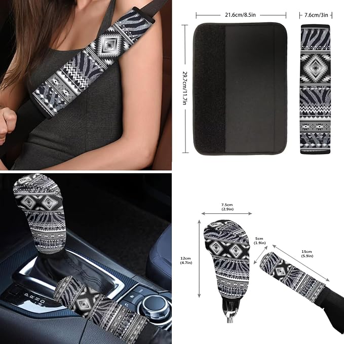 Wanyint Car Seat Cover Full Set 12 PCS, with Steering Wheel Seat Belt Strap Armrest Pad Handbrake Cover Gear Shift Cover Coasters Universal Fit for Truck Vans Sedans, Aztec Navajo Zebra Print