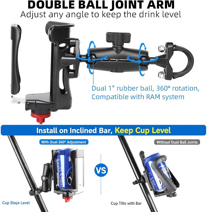 Heavy Duty Motorcycle Cup Holder, Metal Handlebar Mount for Harley Bike ATV | Dual 360° swivel keeps drink level. Fits 0.5-1.3" bars & 2.36-3.54" water bottles. Non-slip, holds up to 32oz. Durable alloy.