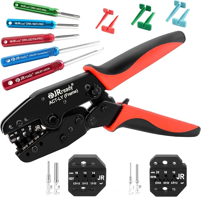 JRready ST2190 Deutsch Crimp Tool Kit, Open Barrel Crimper for Size 16 & 20 Stamped Contacts, 14-20 AWG, Work with DT DTM Series Connectors, with Pin Removal Tools for Terminal Repair & Installation