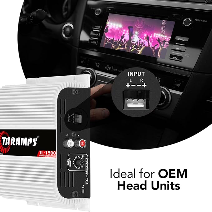 Taramp's TL 1500 Full Range 390 watts RMS 3 Channels Car Audio 2 Stereo Channels 1 Sub Channel Class D Amplifier, RCA/Wire Input, Bass Boost 13.8 VDC System, White