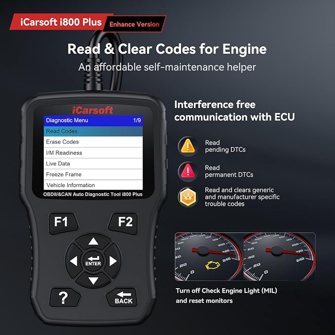 iCarsoft i800 Plus OBD2 Scanner Diagnostic Tool with Component Test/118 Live Data/Reset CEL/Battery Test/Freeze Frame/VIN, Code Reader for All Cars Full OBD2 Functions, Fuel System Scan Tool para Auto
