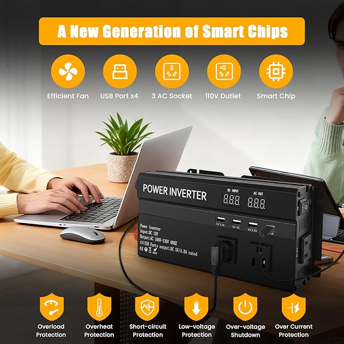 ALSO GO 1200W Power Inverter, 12v to 110V AC Car Inverter with Fast Charging 2.4A USB and 3 AC Outlets Ideal for Road Trips, Camping, RV, Truck, Solar, and Vehicle Power Needs