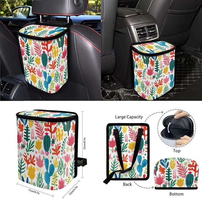 Floral Cactus Print 15 Pack Car Seat Covers Set with Steering Wheel Cover Seat Belt Strap Pad Rear View Mirror Cover Air Vent Storage Bag Garbage Cans Cup Holder Keychain Car Decor