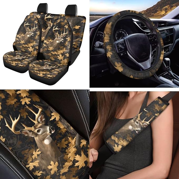 Camo Hunting Deer 12 Pack Car Seat Covers Full Set with Car Steering Wheel Cover Arm Rest Cover Auto Seat Belt Cover Cup Coasters and Keychain Holder Universal Fit Most Cars SUV