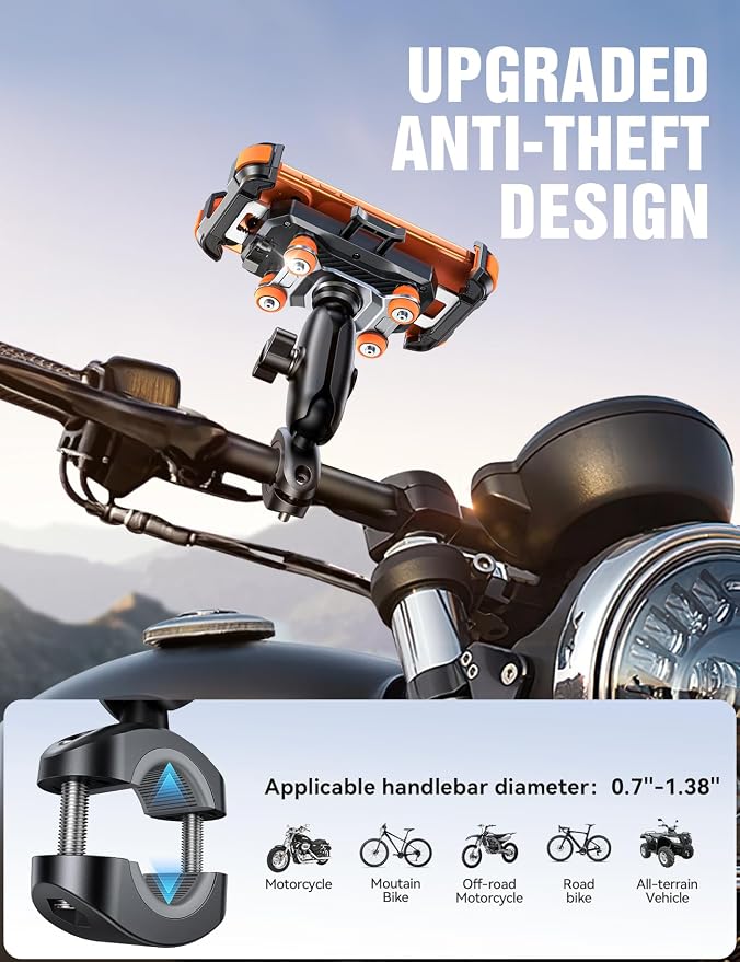 JOYROOM Motorcycle Phone Mount Holder - [Dual Vibration Dampener] 100mph Anti-Shock Phone Holder for Motorcycle [Metal Adjustment Arm] Bicycle Bike Phone Holder Mount for 4.7-7" Cell Phones, Orange