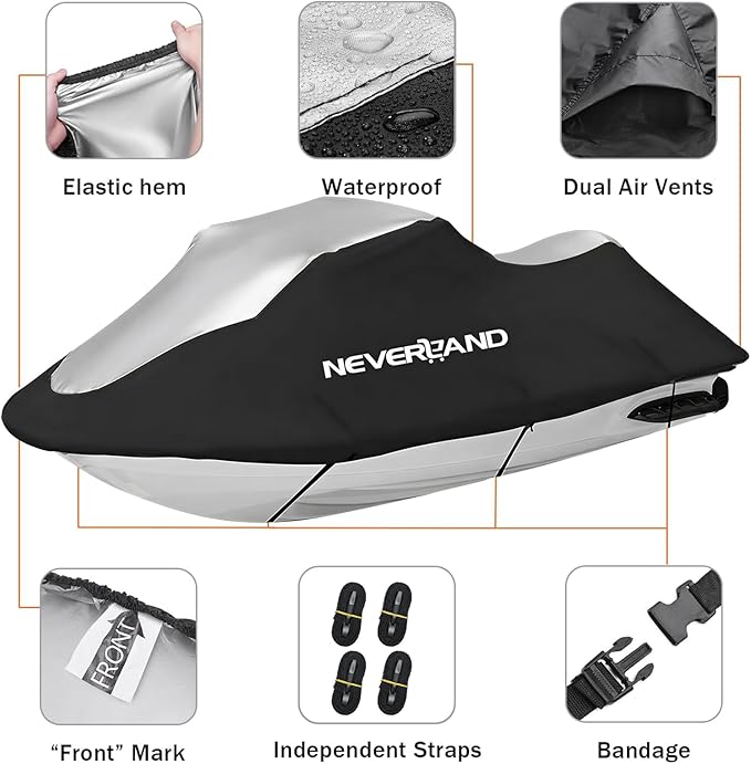 NEVERLAND Jet Ski Cover Suitable for 2 3 Seater Jetski Covers Heavy Duty Waterproof with 2 Air Vent Marine Grade UV Resistant Compatible with Yamaha Sea-Doo Lengths 135'' to 145"