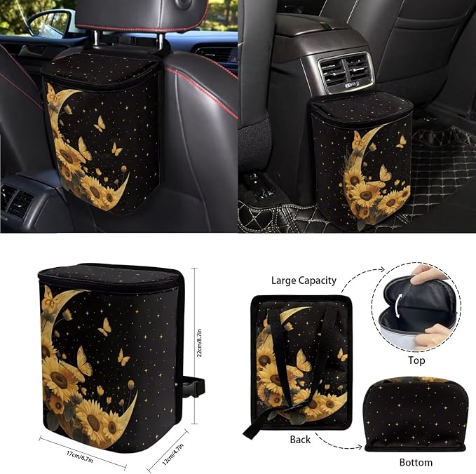 Gold Moon Sunflower Butterfly Car Seat Covers Full Set 15 Pcs Universal Car Accessories Steering Wheel Cover Seat Belt Pads Garbage Bag Car Headrest Pillow Covers Armrest Pad