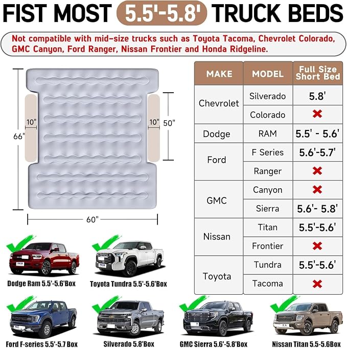 Umbrauto Truck Air Mattress for 5.5-5.8ft Full Size Short Bed, Self-Inflating Suede Surface Truck Camping Airbed for Pickup Tent Outdoor Travel Sleeping
