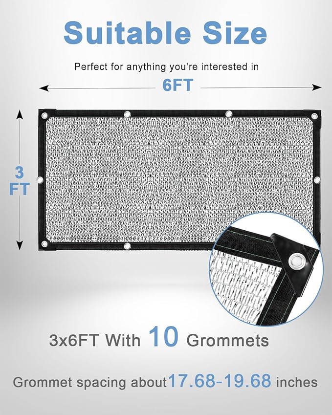 vensovo 30% Aluminum Shade Cloth - Reflective Aluminium Shade Netting Sun Shade Cover with Grommets for Cars, Dogs, Outdoor, RV, Patio (3x6FT)