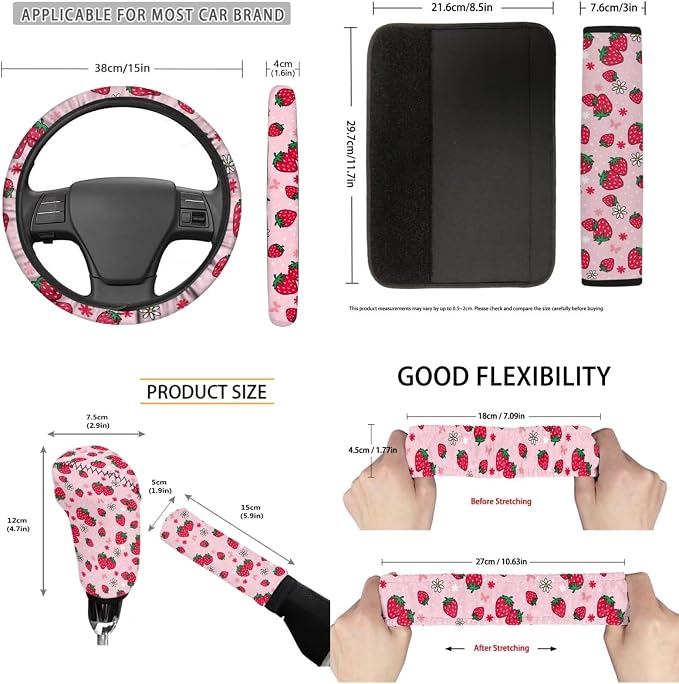 Cute Strawberry 11 Pieces Car Seat Covers Sets with Auto Seat Belt Cover Steering Wheel Cover Gear Lever Cover Hand Brake Cover Car Decor Accessories Fit for Cars SUV