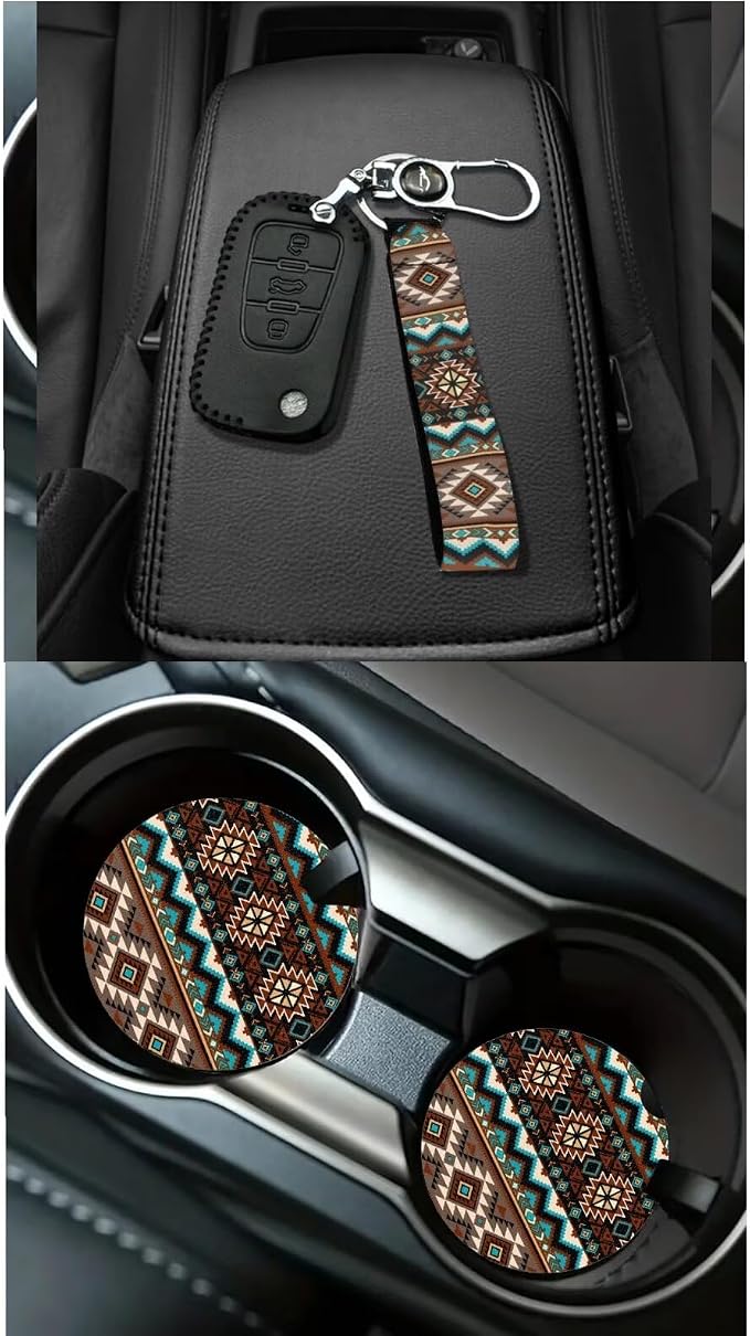 Dreaweet Navajo Seat Covers Full Set Native American Tribal Geometric Pattern Car Seat Cover Steering Wheel Cover Seat Belt Pads Trash Bag Vent Storage Bag Rearview Mirror Cover Coasters Keychain 15pc
