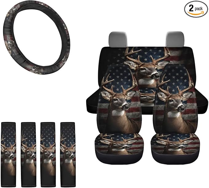 Deer Printed Car Seat Covers with Steering Wheel Cover 4 Pack Seatbelt Pads American Flag Auto Seat Protector Universal Fit Most Vehicles, Auto Accessories, Black