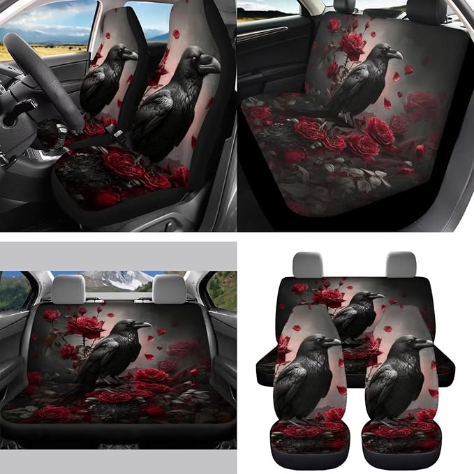 Rose Raven 15 PCS Car Seat Cover Set with Auto Steering Wheel Cover Seat Belt Strap Protector Cup Holder Trash Bag Rear View Mirror Protector Keychain