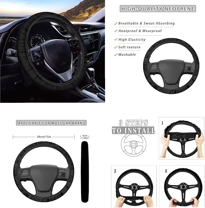 Ystardream Starry Daisy Car Seat Cover Full Set for Women Men Rubber Steering Wheel Cover License Plate Frame Mirror Covers Moon and Stars Car Accessories for Car SUV Truck