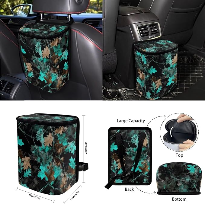Blue Camo Maple Leaf Car Seat Covers Full Set 15 Pcs Universal Car Accessories Steering Wheel Cover Seat Belt Pads Garbage Bag Car Headrest Pillow Covers Armrest Pad