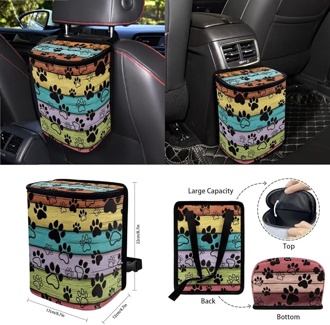 Paws Wood Print Car Accessories Set of 15 Car Front Back Seat Covers Steering Wheel Cover Seatbelt Strap Pad Air Vent Storage Holder Trash Cans Rearview Mirror Cover Coasters Keychain