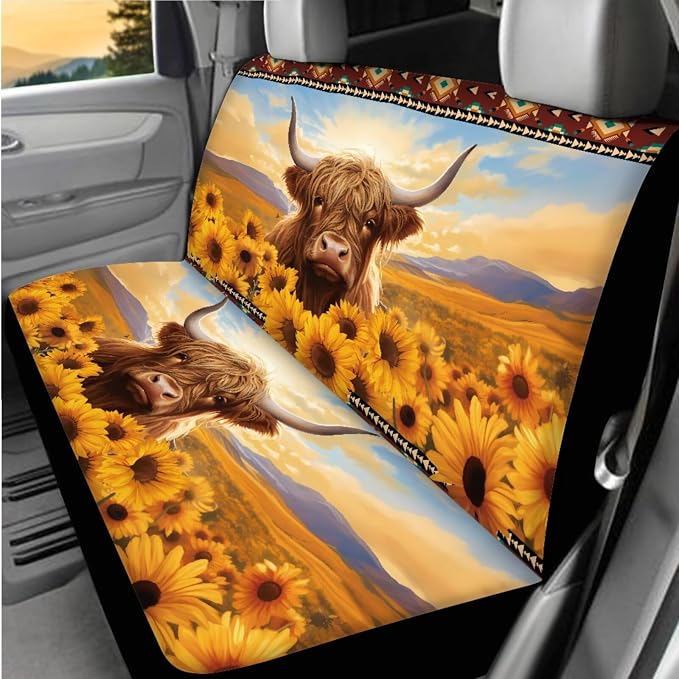 BIGCARJOB Highland Cow Print Seat Covers Full Set - Front & Rear, Sunflower Car Seat Protector Set, Funny Cow Print Headrest Covers, Trash Can