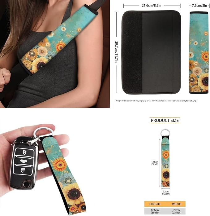 Floral 15 PCS Car Seat Cover Set with Auto Steering Wheel Cover Seat Belt Strap Protector Cup Holder Trash Bag Rear View Mirror Protector Keychain