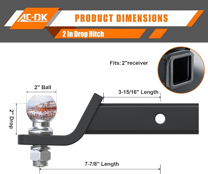 Trailer Hitch Ball Mount for 2 inch Receiver,2 inch Drop Hitch,with 2-Inch Ball,7,500 lbs Capacity Ball Hitch, 750lbs Tongue Weight,Includes Hitch Pin