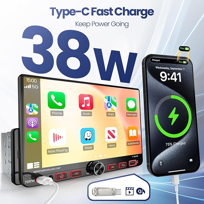 7“Single Din Radio with Apple CarPlay & Android Auto, UHD Single Din Touchscreen Car Radio, Car Stereo with 1080P Backup Camera, Mirror Link, Bluetooth 5.3, GPS, AM&FM, Fast Charging, EQ, SWC