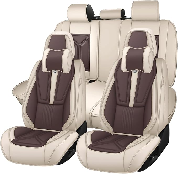 Arazi Fit for 90% of Mercedes-Benz Seat Covers, 360° Full Wrap Original Seat Cover, Waterproof Nappa Leather Seat Covers with Big Space Storage Pocket Seat Protector（5 Seats Luxury, Beige&Brown）