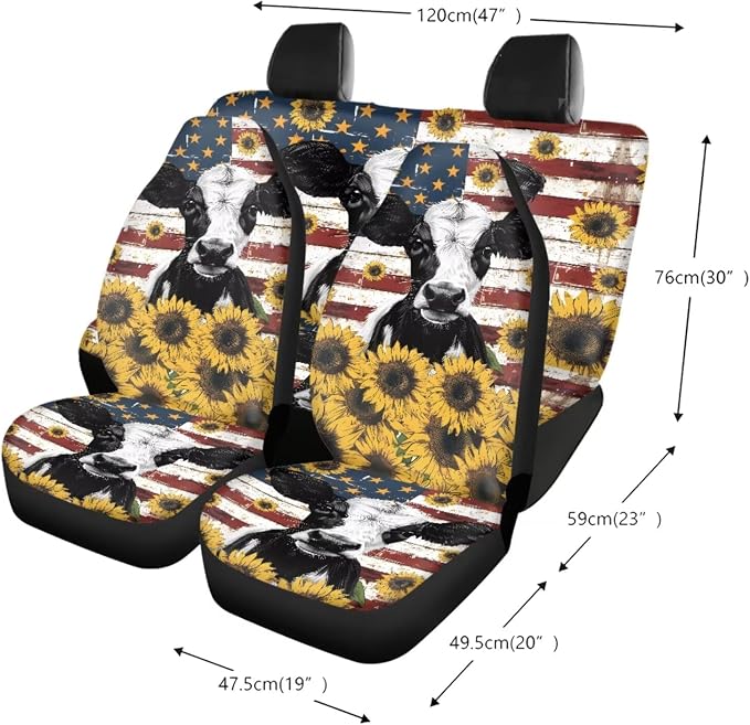 Cow American Flag Sunflower Print Auto Seat Covers Full Set, Car Accessories Set of 13, Breathable Steering Wheel Cover, Seat Belt Pads, Cup Holder Coasters, Universal Fit for Most Cars