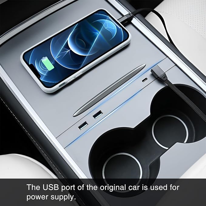 Center Console Organizer for Tesla 2021-2023 Model 3/Y Car Multi-Port USB Hub Charging Adapter USB Cable Organizer Cup Holder Pad for Tesla Accessories (3PCS)
